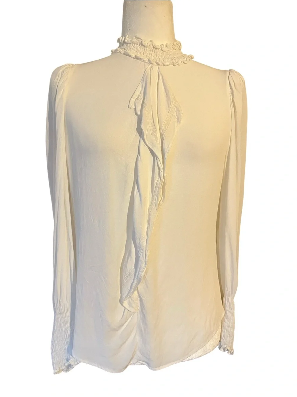 Zara Cream Ruffle Neck Long-Sleeve Blouse Size Small